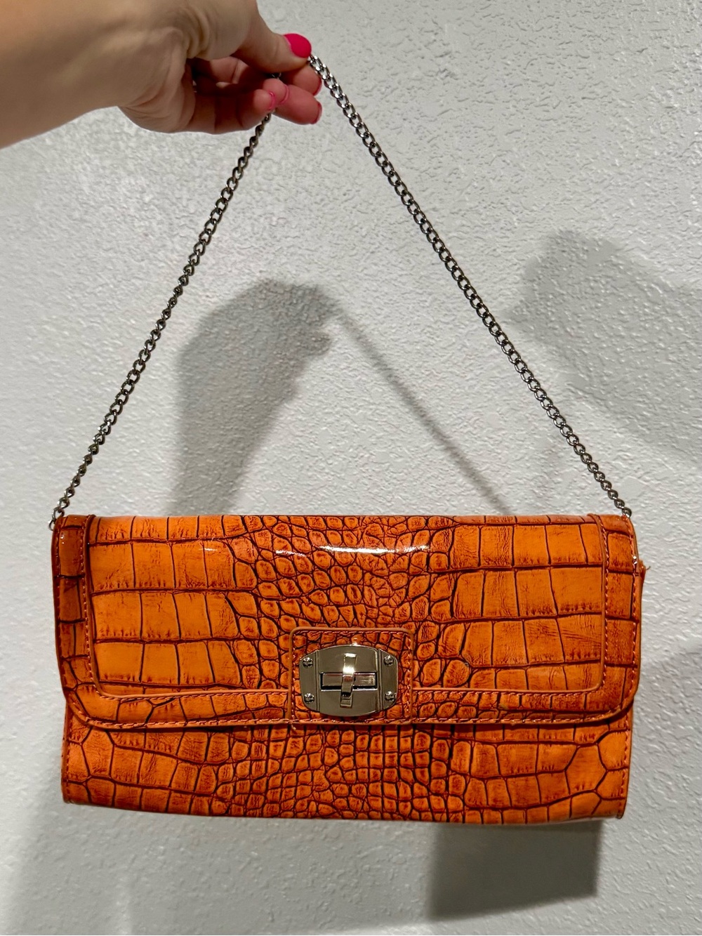 Orange Croc-Embossed Chain Shoulder Bag
